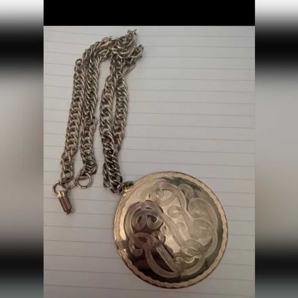 Silver-Tone Engraved Round Pendant Necklace